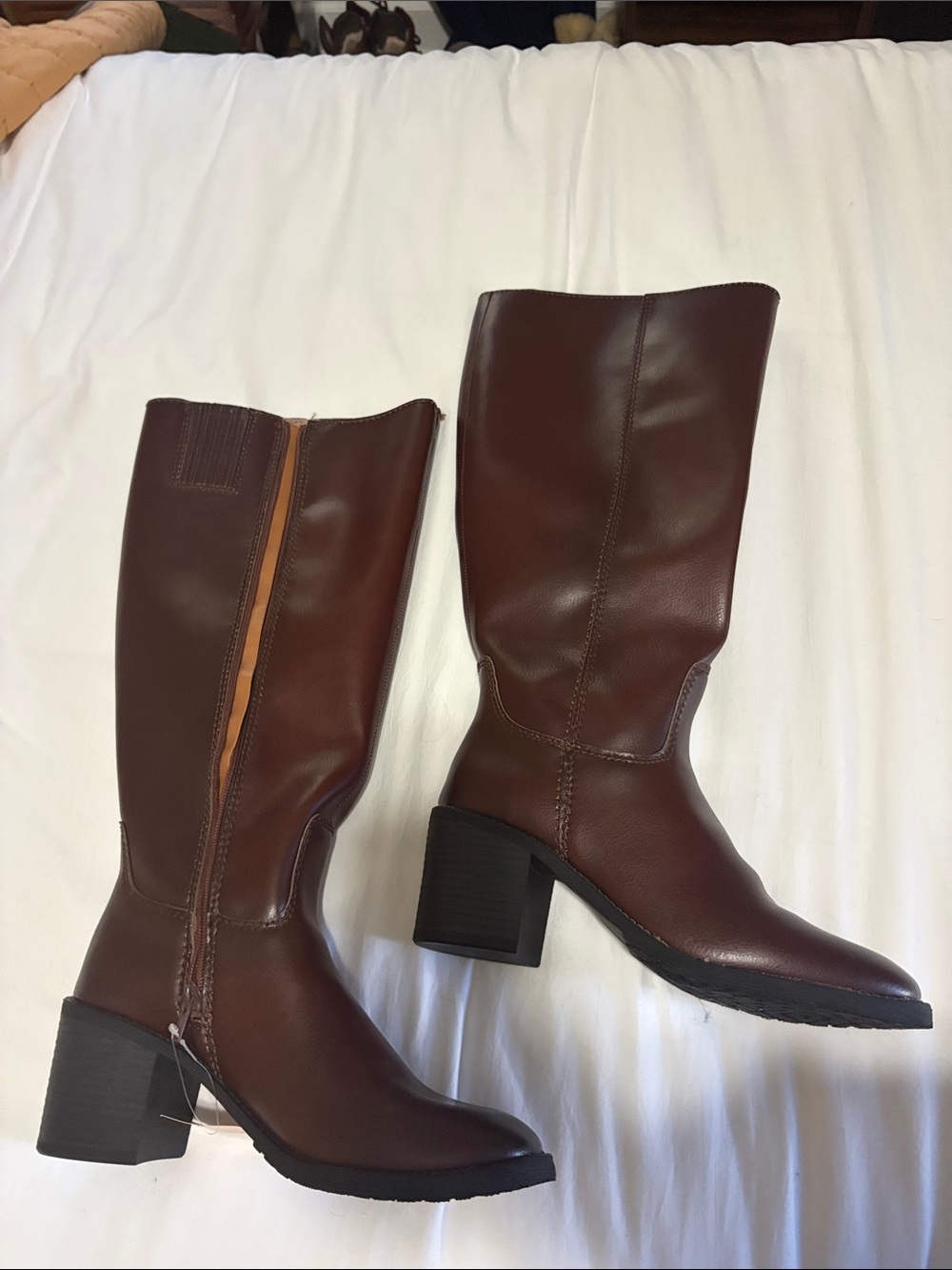 Women's Brown Knee High Block Heel Boots Wide Calf